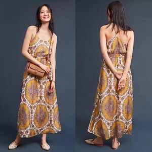 Anthropologie Yellow/Gold/Purple Dress Size M